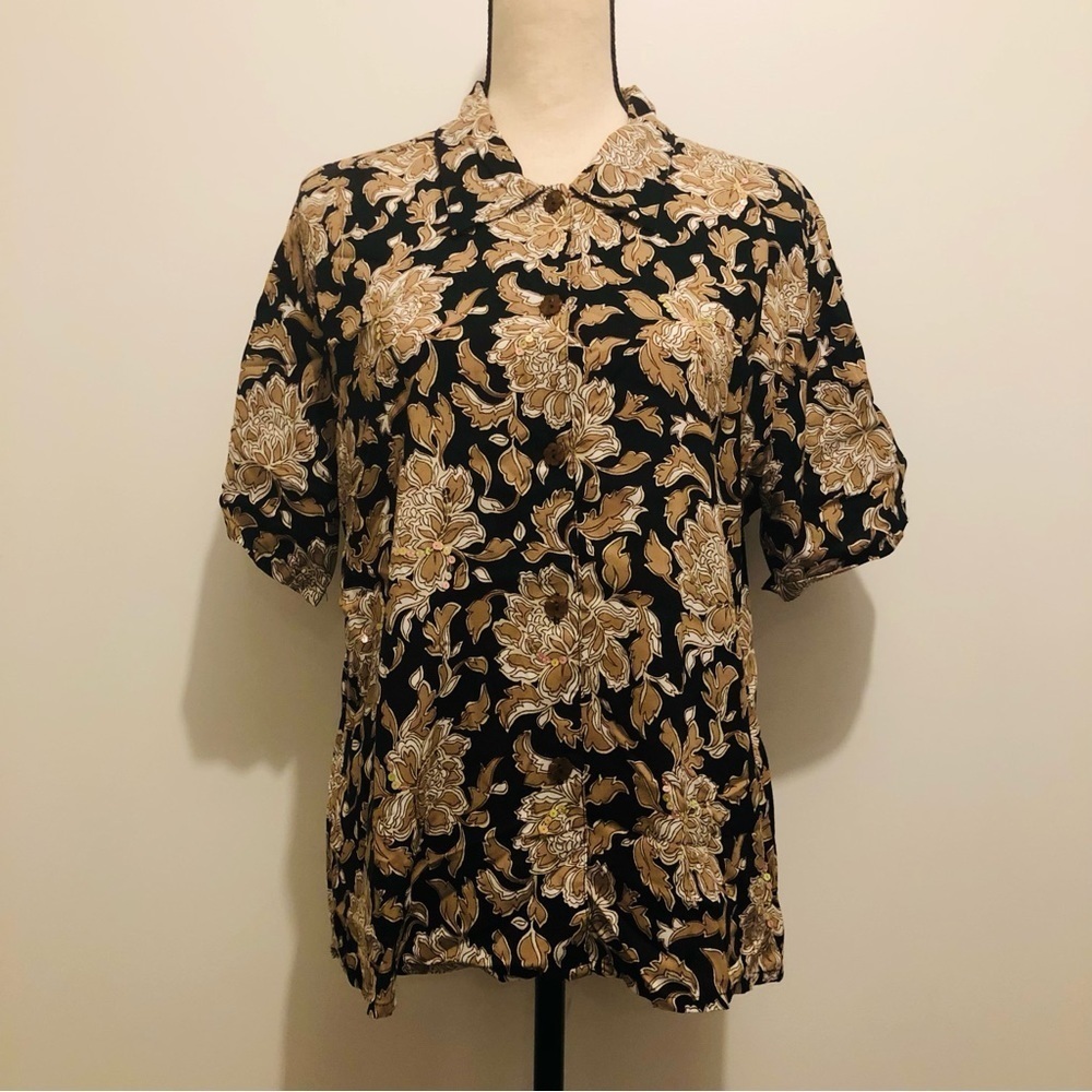 White Stag floral shirt vintage button down short sleeve blouse SZ L black gold